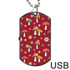 Woodland Mushroom And Daisy Seamless Pattern On Red Background Dog Tag Usb Flash (two Sides) by Wav3s