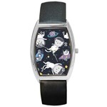 Space Cat Illustration Pattern Astronaut Barrel Style Metal Watch Front