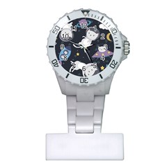 Space Cat Illustration Pattern Astronaut Plastic Nurses Watch by Wav3s