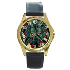 Dragon Art Round Gold Metal Watch by Cowasu