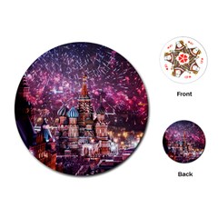 Moscow Kremlin Saint Basils Cathedral Architecture  Building Cityscape Night Fireworks Playing Cards Single Design (round) by Cowasu