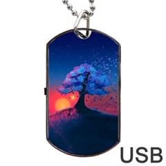 Dark Tree Sunset Landscape Art Dog Tag Usb Flash (one Side) by Ravend