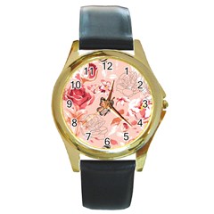 Beautiful-seamless-spring-pattern-with-roses-peony-orchid-succulents Round Gold Metal Watch