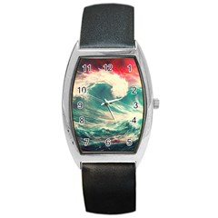 Storm Tsunami Waves Ocean Sea Nautical Nature Painting Barrel Style Metal Watch by uniart180623