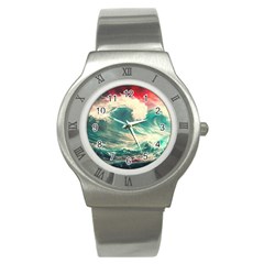 Storm Tsunami Waves Ocean Sea Nautical Nature Painting Stainless Steel Watch by uniart180623