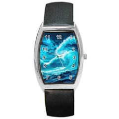 Ai Generated Waves Ocean Sea Tsunami Nautical Sea Barrel Style Metal Watch by uniart180623