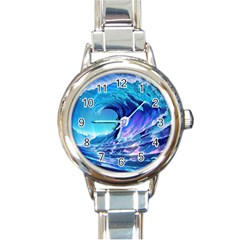 Tsunami Tidal Wave Ocean Waves Sea Nature Water Blue Round Italian Charm Watch by uniart180623