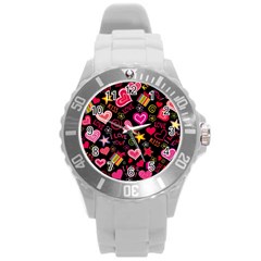 Multicolored Love Hearts Kiss Romantic Pattern Round Plastic Sport Watch (l) by uniart180623