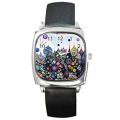 Flower Flowers Flora Floral Nature Watercolor Art Texture Square Metal Watch by Ravend