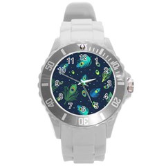 Blue Background Pattern Feather Peacock Round Plastic Sport Watch (l)