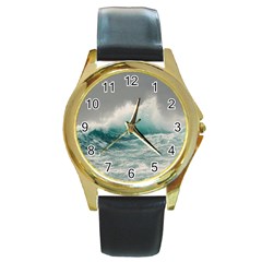 Big Storm Wave Round Gold Metal Watch by uniart180623