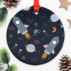 Space Background Illustration With Stars And Rocket Seamless Vector Pattern Round Ornament (two Sides) by uniart180623