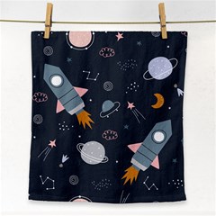 Space Background Illustration With Stars And Rocket Seamless Vector Pattern Face Towel by uniart180623