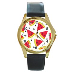 Cute Smiling Watermelon Seamless Pattern White Background Round Gold Metal Watch