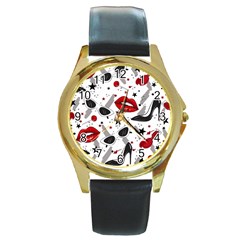 Red Lips Black Heels Pattern Round Gold Metal Watch