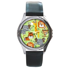 Seamless Pattern Vector With Animals Wildlife Cartoon Round Metal Watch by Simbadda