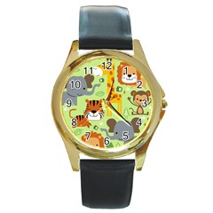 Seamless Pattern Vector With Animals Wildlife Cartoon Round Gold Metal Watch by Simbadda