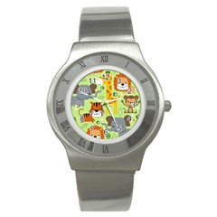 Seamless Pattern Vector With Animals Wildlife Cartoon Stainless Steel Watch by Simbadda