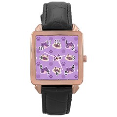 Cute-colorful-cat-kitten-with-paw-yarn-ball-seamless-pattern Rose Gold Leather Watch  by Simbadda