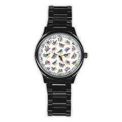 Seamless-pattern-with-hand-drawn-bird-black Stainless Steel Round Watch