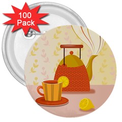 Tea Pot Cup Drawing 3  Buttons (100 Pack)  by Grandong