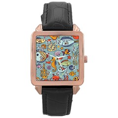 Cartoon Underwater Seamless Pattern With Crab Fish Seahorse Coral Marine Elements Rose Gold Leather Watch  by Grandong