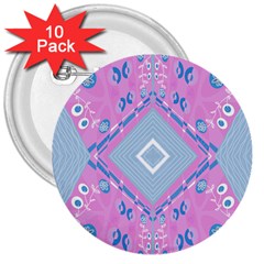 Bohemian Chintz Illustration Pink Blue White 3  Buttons (10 Pack)  by Mazipoodles