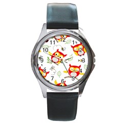 Seamless-pattern-vector-owl-cartoon-with-bugs Round Metal Watch