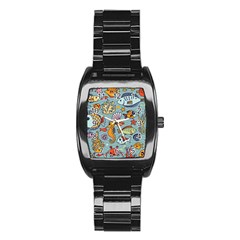 Cartoon Underwater Seamless Pattern With Crab Fish Seahorse Coral Marine Elements Stainless Steel Barrel Watch by uniart180623