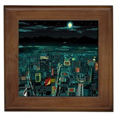 Night Black City Neon Sky Stars Moon Abstract Framed Tile