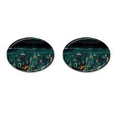 Night Black City Neon Sky Stars Moon Abstract Cufflinks (oval) by Cowasu