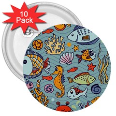 Cartoon Underwater Seamless Pattern With Crab Fish Seahorse Coral Marine Elements 3  Buttons (10 Pack)  by Bedest