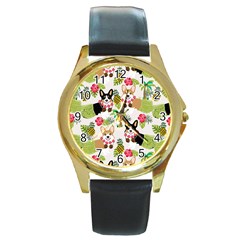 Corgis Hula Pattern Round Gold Metal Watch by Cowasu