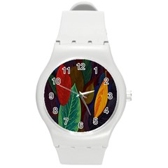 Leaves, Colorful, Desenho, Falling, Round Plastic Sport Watch (m) by nateshop