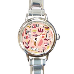 Scandinavian Flat Floral Background Coral Pink White Black Gold Pattern Round Italian Charm Watch by Sarkoni