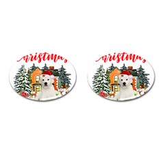 White Labrador Santa Merry T- Shirt Red Winter Christmas Hat House White Labrador  Santa Merry T- Sh Cufflinks (oval) by ZUXUMI