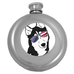 Fourth Of July T- Shirt Patriotic Husky T- Shirt Round Hip Flask (5 Oz) by ZUXUMI