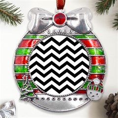 Black And White Chevron Metal X mas Ribbon With Red Crystal Round Ornament by Ket1n9