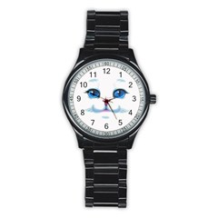 Cute White Cat Blue Eyes Face Stainless Steel Round Watch by Ket1n9