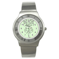 Illustration Of Butterflies And Flowers Ornament On Green Background Stainless Steel Watch by Ket1n9