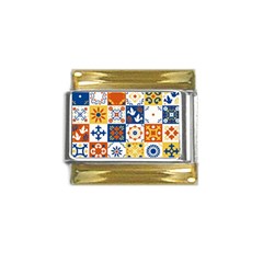 Mexican-talavera-pattern-ceramic-tiles-with-flower-leaves-bird-ornaments-traditional-majolica-style- Gold Trim Italian Charm (9mm) by Ket1n9