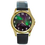 Aurora Northern Lights Phenomenon Atmosphere Sky Round Gold Metal Watch Front