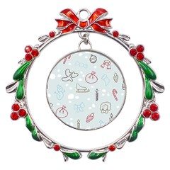 Winter Pattern Background Element Metal X mas Wreath Ribbon Ornament by Pakjumat