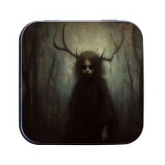 Folk Horror Spooky Child With Antlers Square Metal Box (black) by Malvagia