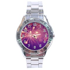 Fireworks On A Purple With Fireworks New Year Christmas Pattern Stainless Steel Analogue Watch by Sarkoni