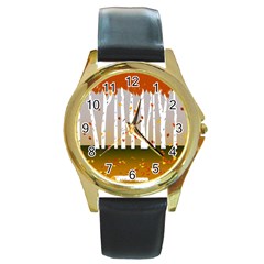 Birch Trees Fall Autumn Leaves Round Gold Metal Watch by Sarkoni