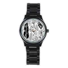 Leaves Plants Doodle Drawing Stainless Steel Round Watch