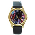 Roadway Surrounded Building During Nighttime Round Gold Metal Watch Front