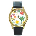 Flowers Leaves Background Floral Round Gold Metal Watch Front