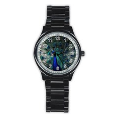 Blue And Green Peacock Stainless Steel Round Watch by Sarkoni